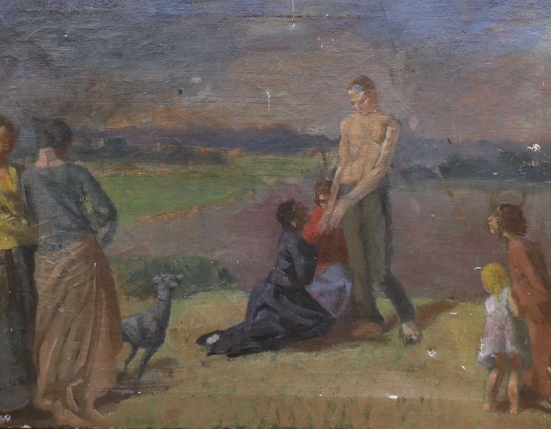 Manner of Augustus John, oil on canvas, Figures beside a lake, numbered 169, 35 x 45cm, unframed